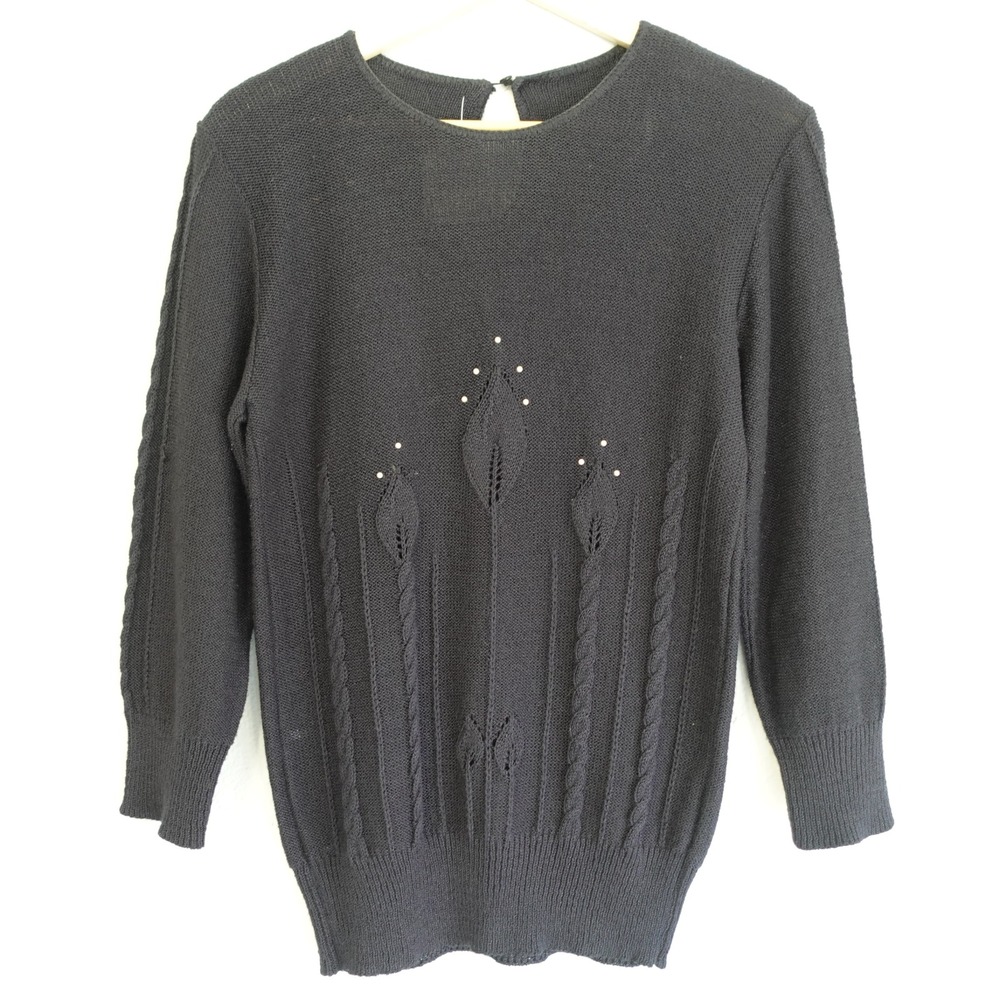 Vtg 60s Sweater Womens M Black Beaded Cable Knit Pointelle Mod Rockabilly‎ Pinup